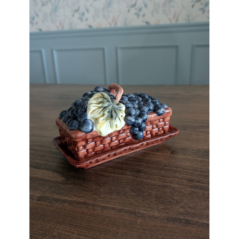 Block Country Orchard Butter Dish Purple 3D Grapes Covered Basket Ceramic 1995